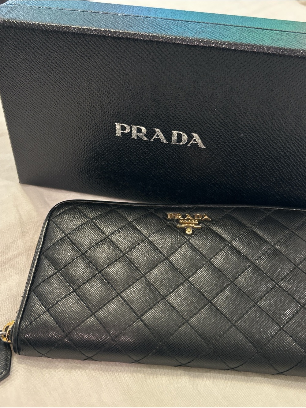 Prada Black Leather Zip Card Wallet with Gold Hardware